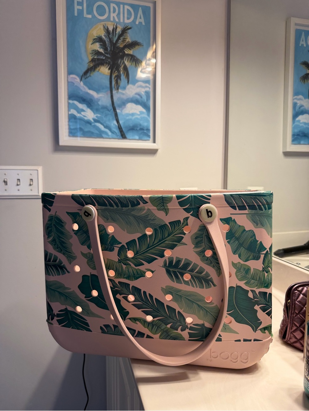 RARE BOGG Bag Women's Pink Tropical Leaf Palm Tote LARGE